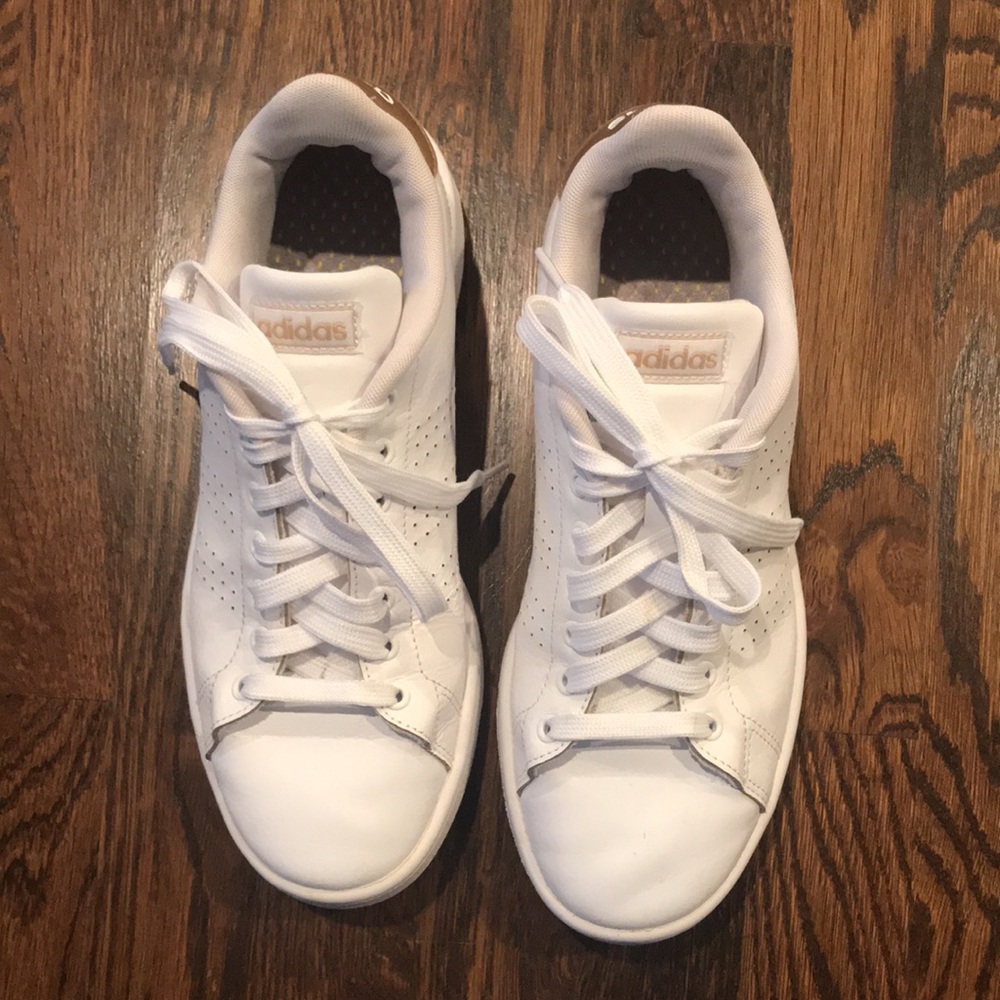 White leather Adidas Tennis Shoes with Gold Detail